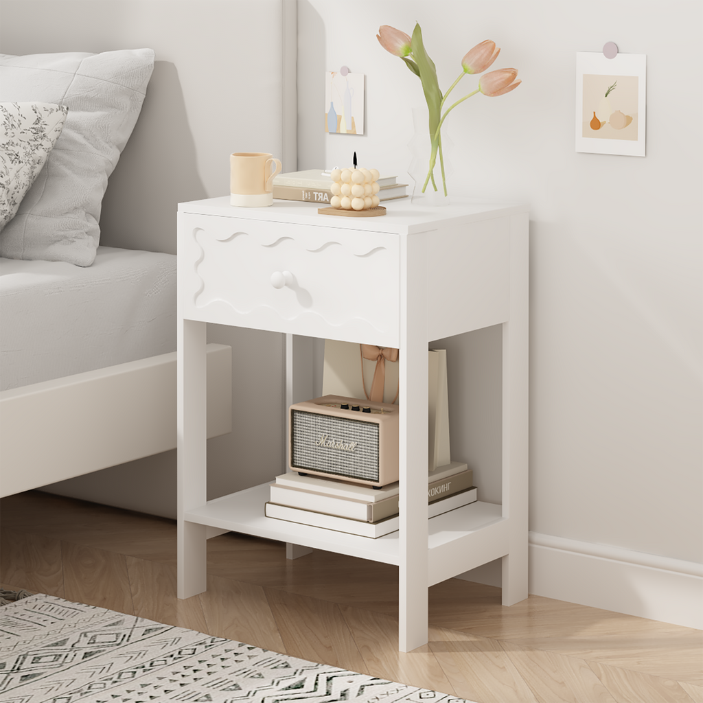 White Nightstand with Drawer and Open Shelf, Modern Wave Pattern Bedside Table, Solid Wood Frame End Table for Bedroom, Living Room, Small Spaces - Grand Goldman Shop