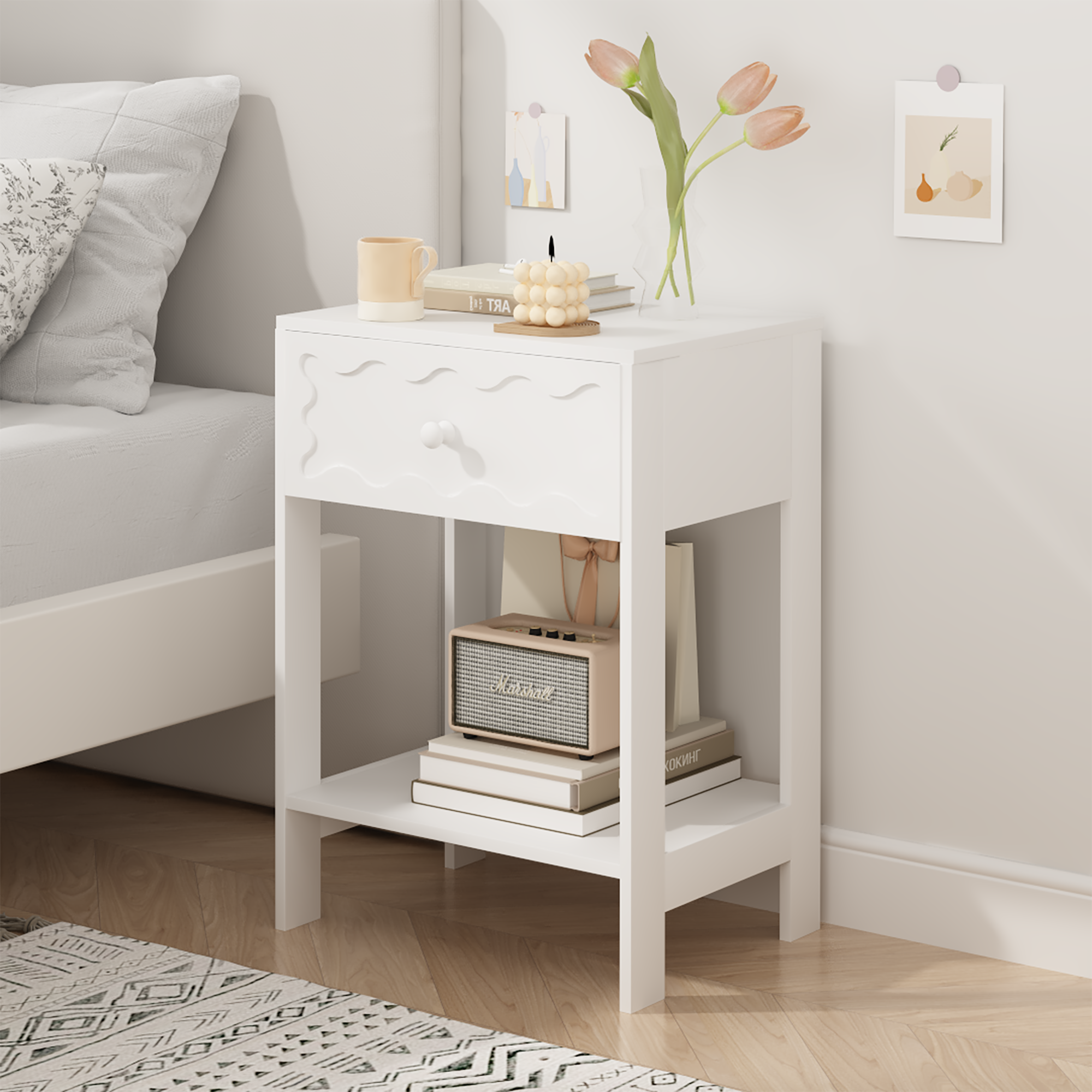 White Nightstand with Drawer and Open Shelf, Modern Wave Pattern Bedside Table, Solid Wood Frame End Table for Bedroom, Living Room, Small Spaces - Grand Goldman Shop