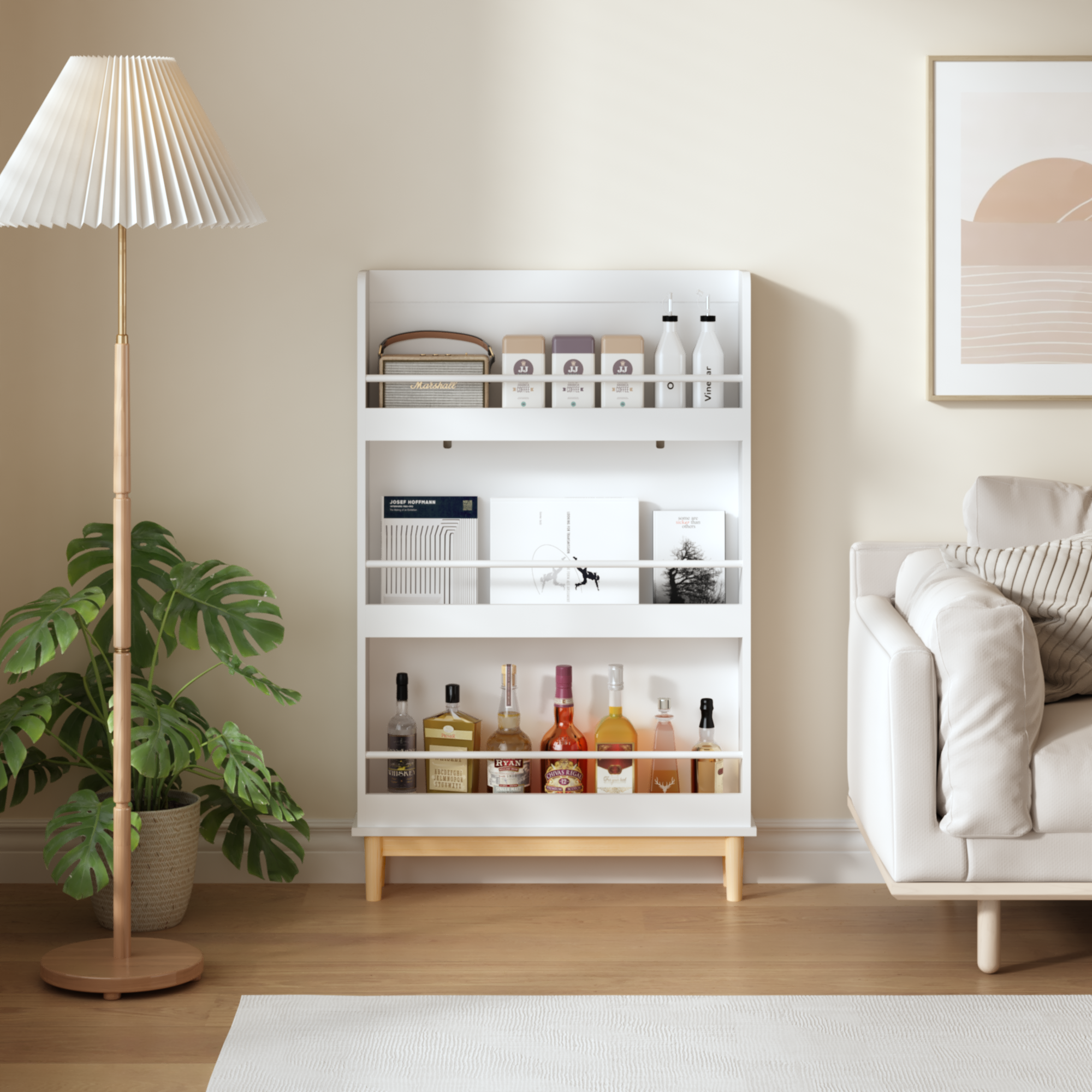 Modern White Wall-Mounted Kids Bookshelf with Natural Wood Base, 3 Front-Facing Display Shelves for Toddler Bedroom, Nursery 