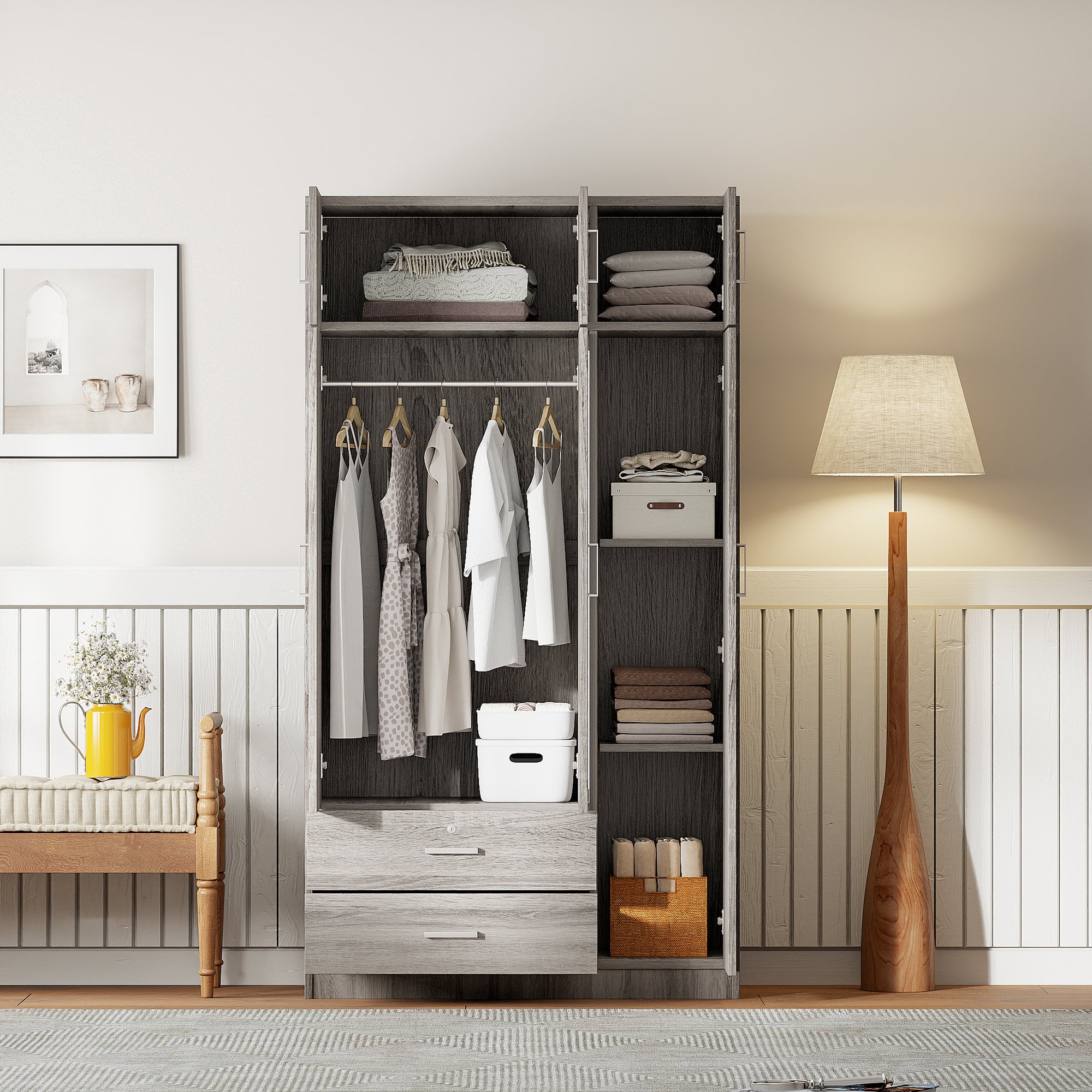 Modern Gray 3-Door Mirror Wardrobe with 2 Drawers and Top Cabinet, Particle Board - Grand Goldman Shop