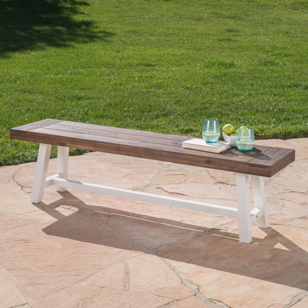Tranquilizer Outdoor Acacia Wood Bench with Slat Panel Design, Dark Brown and White - Grand Goldman Shop