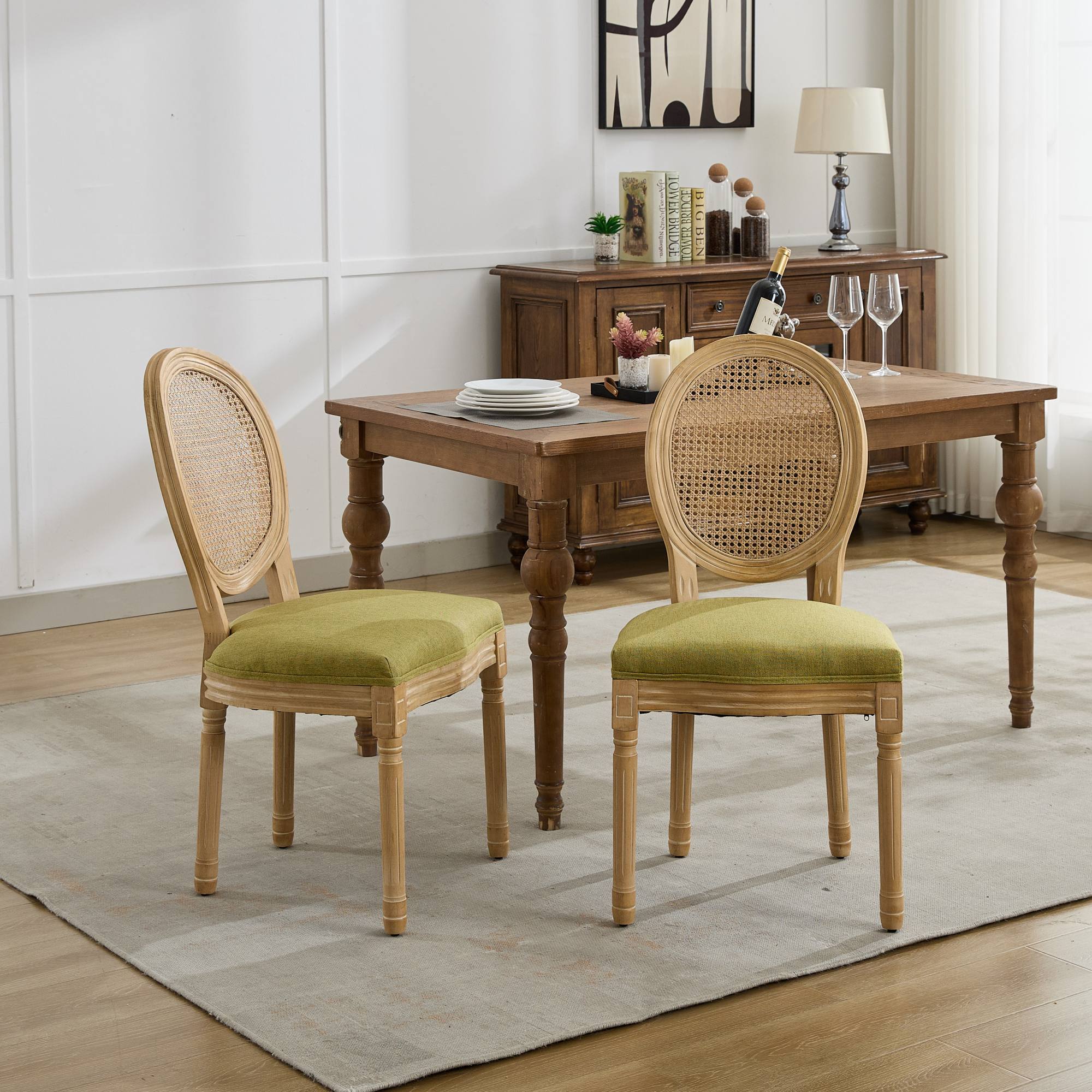A&A Furniture,French Style Solid Wood Frame Antique Painting Linen Fabric Rattan Back Dining Chair,Set of 2,Olive-Green - Grand Goldman Shop
