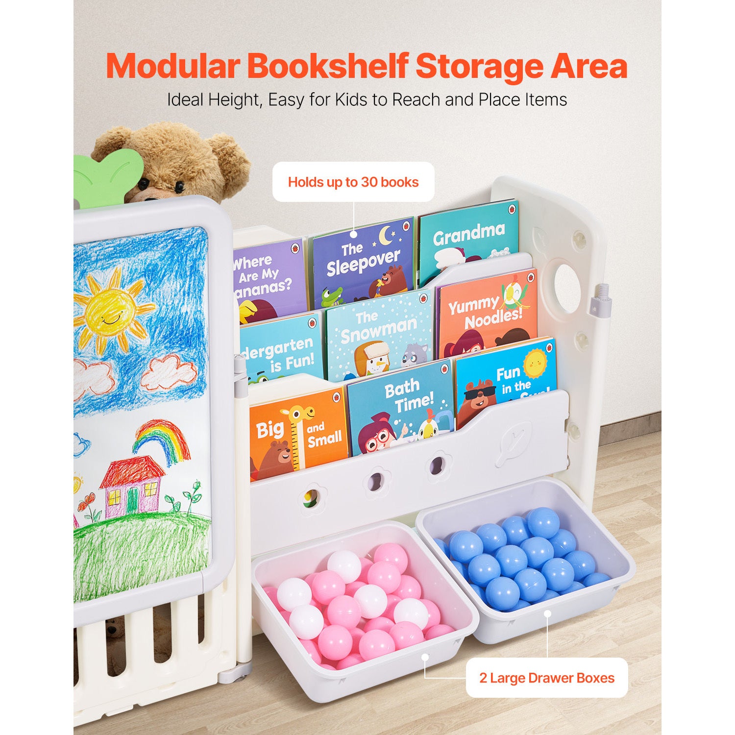 Kids Toy Storage with Bookshelf, 4-Tier Large Toy Storage Organizer with 10 Plastic Movable Bins, Kids Cubby Cabinet with Boo