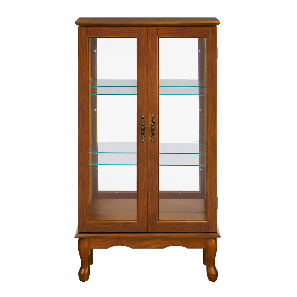 Lighted Curio Cabinet with Adjustable Shelves, Mirrored Back Panel, and Tempered Glass Doors, 3-Tier Oak Finish - Grand Goldman Shop
