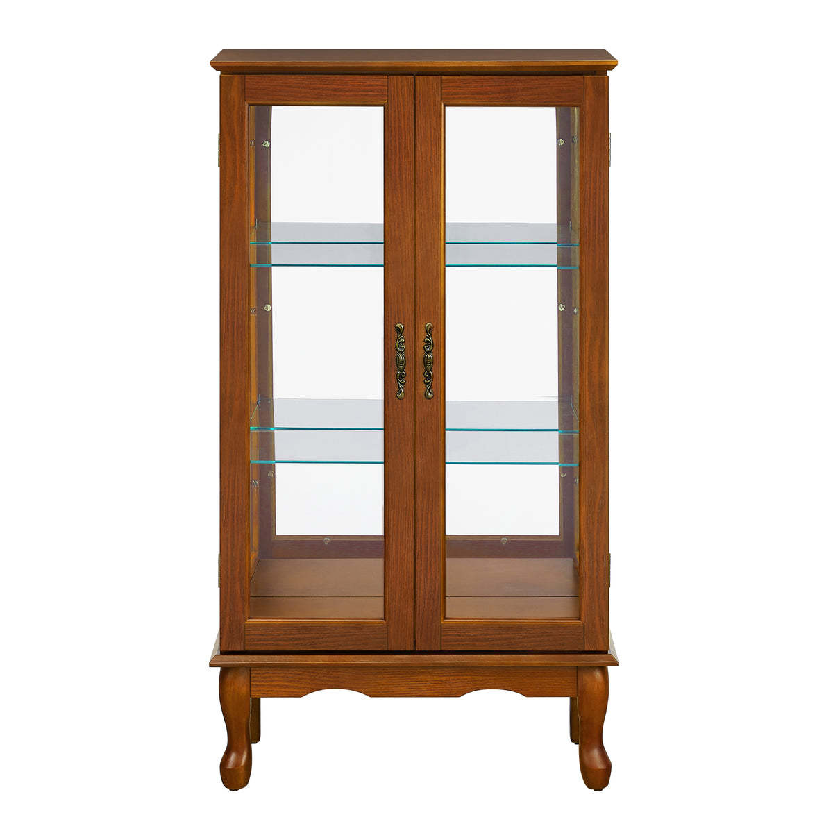 Lighted Curio Cabinet with Adjustable Shelves, Mirrored Back Panel, and Tempered Glass Doors, 3-Tier Oak Finish - Grand Goldman Shop