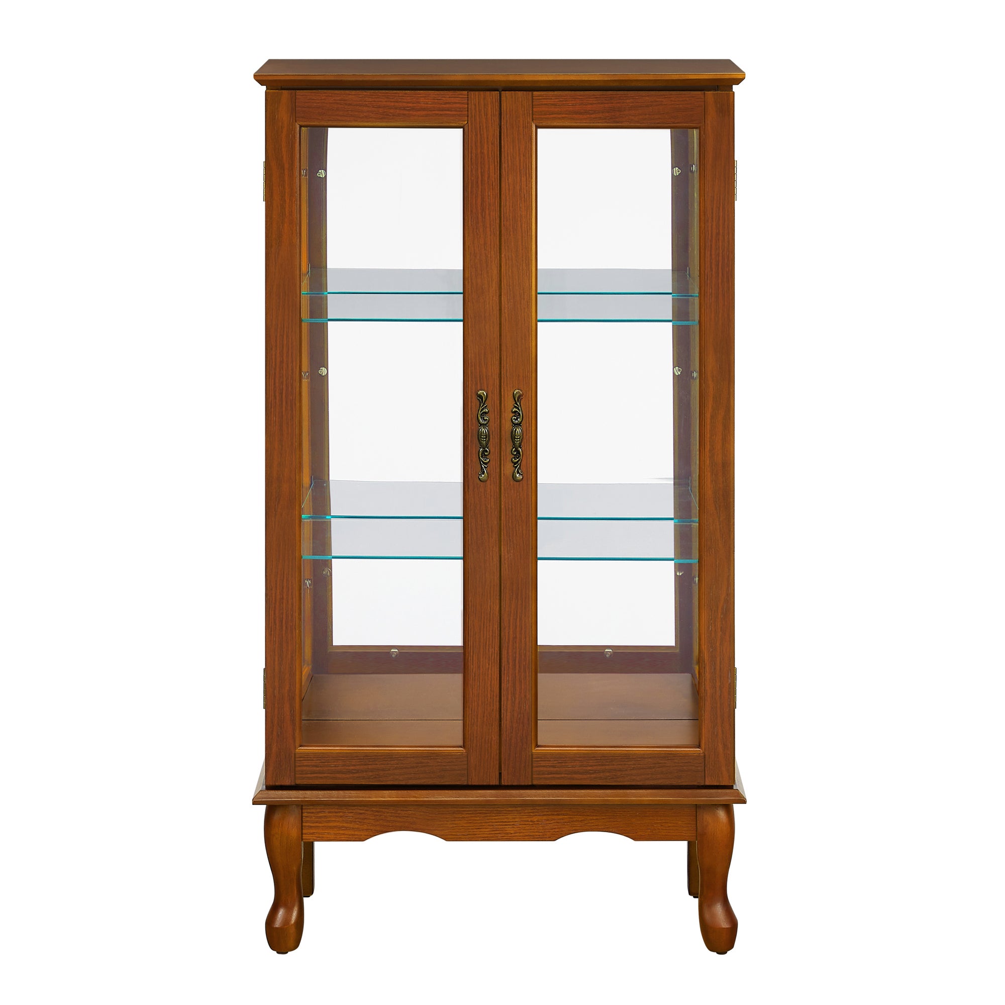 Lighted Curio Cabinet with Adjustable Shelves, Mirrored Back Panel, and Tempered Glass Doors, 3-Tier Oak Finish - Grand Goldman Shop