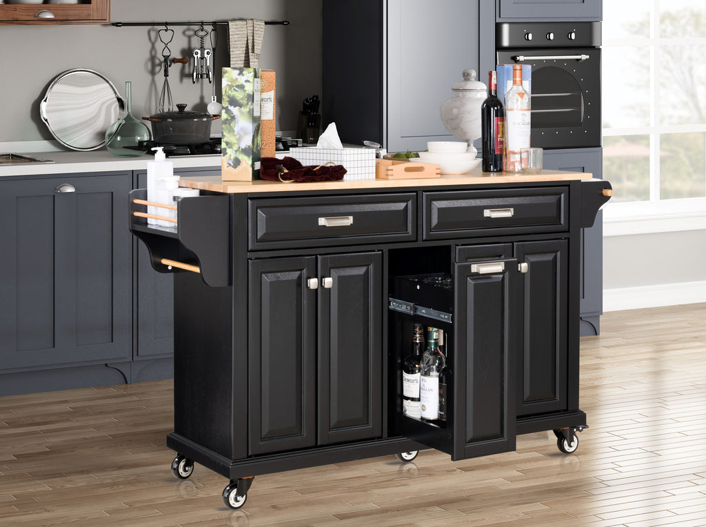 Kitchen Island with Rubber wood Countertop, Kitchen Cart on 5 Wheels with Storage Cabinet and 2 Top Drawers and A center double layered storage drawer for Dinning Room, Black - Grand Goldman Shop