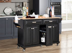 Kitchen Island with Rubber wood Countertop, Kitchen Cart on 5 Wheels with Storage Cabinet and 2 Top Drawers and A center double layered storage drawer for Dinning Room, Black - Grand Goldman Shop