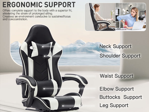 Gaming Chair with Footrest, Ergonomic Computer Chair with Headrest and Lumbar Support, Breathable Material Height Adjustable 