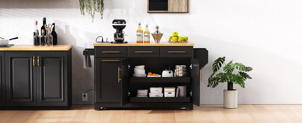K&K 59.3' Kitchen Island with Storage 2 Pull Out Cabinet Organizers & Rubber Wood Drop Leaf, Rolling Kitchen Island with Trash Can Storage, Power Outlet, Spice & Towel Rack for Kitchen, Dining, Black - Grand Goldman Shop