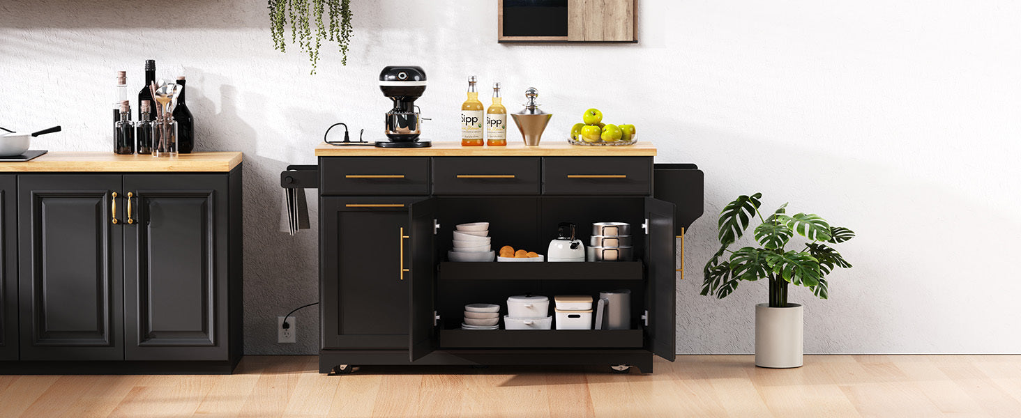 K&K 59.3' Kitchen Island with Storage 2 Pull Out Cabinet Organizers & Rubber Wood Drop Leaf, Rolling Kitchen Island with Trash Can Storage, Power Outlet, Spice & Towel Rack for Kitchen, Dining, Black - Grand Goldman Shop