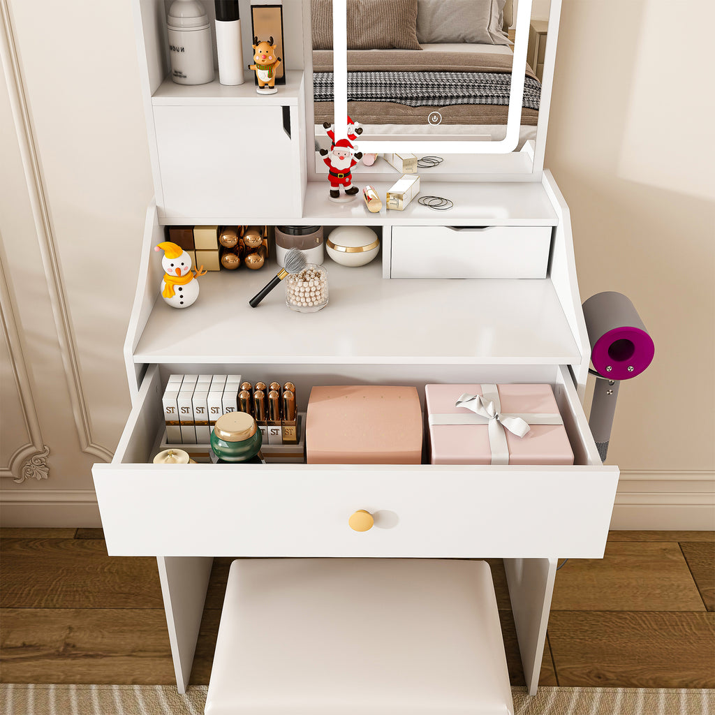Pink LED Vanity Mirror with Stool, 2 Drawers & 5 Storage Cabinets, Adjustable Lighting, White MDF Dressing Table for Bedroom - Grand Goldman Shop