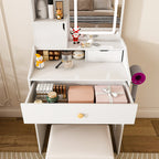 Pink LED Vanity Mirror with Stool, 2 Drawers & 5 Storage Cabinets, Adjustable Lighting, White MDF Dressing Table for Bedroom - Grand Goldman Shop
