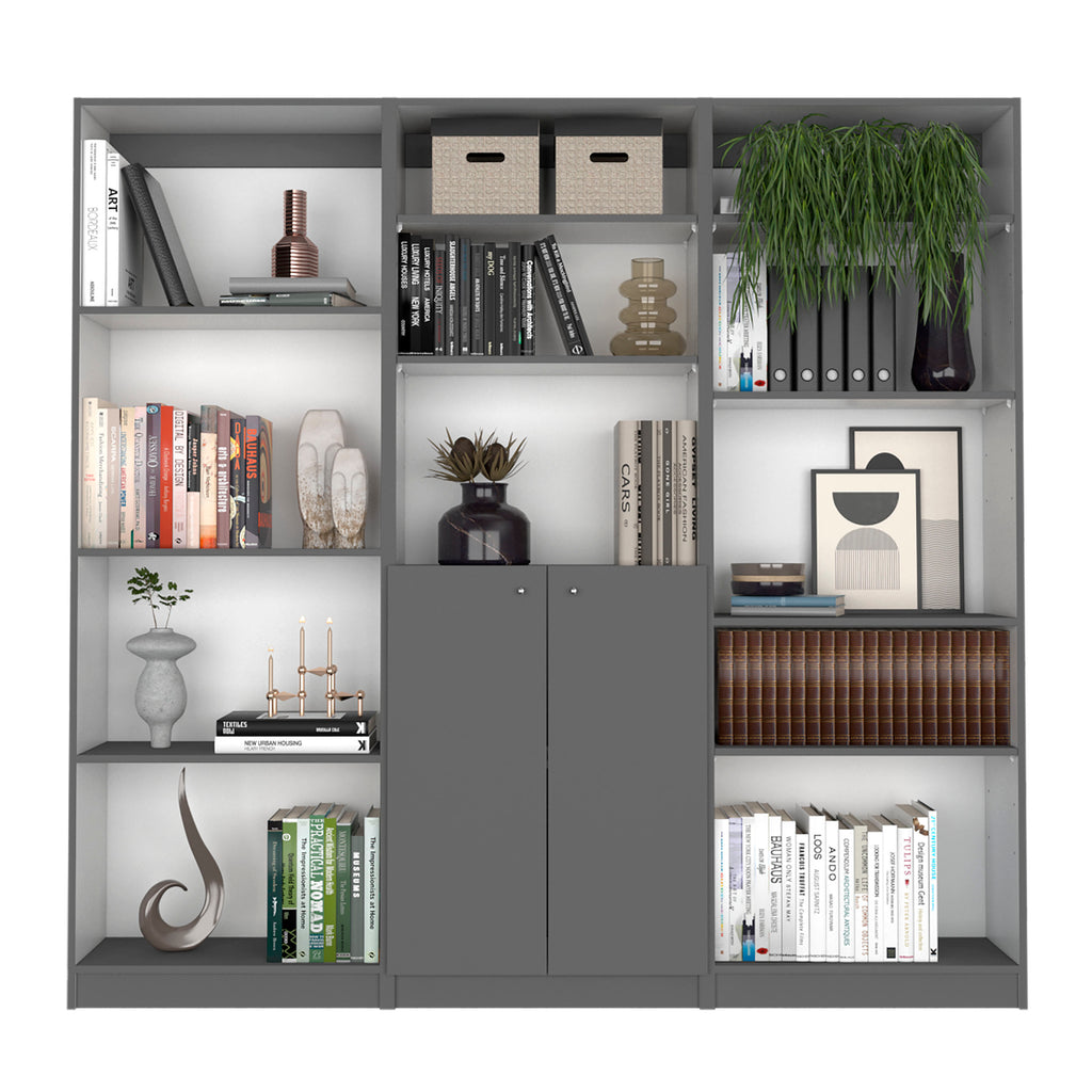 Aynor 3 Piece Home Bookcase set, 74' Wide with 12 Shelves and 2-door Cabinet ,  Living Room Set  Matt Gray / White | Premium 