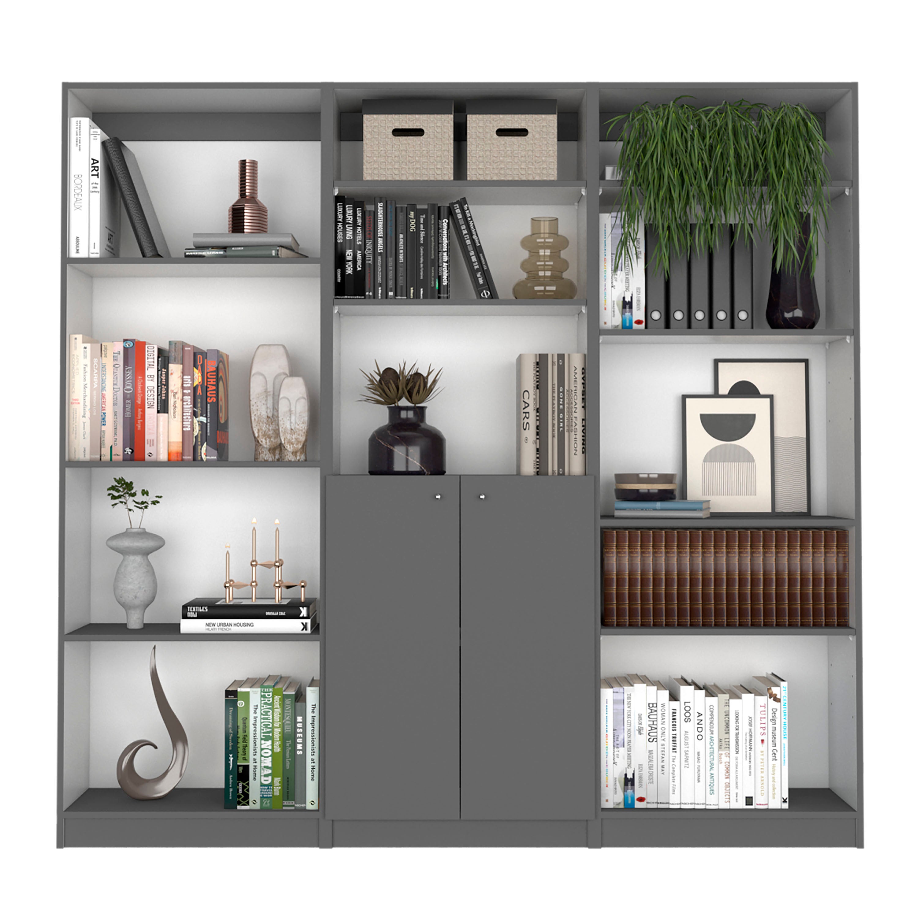 Aynor 3 Piece Home Bookcase set, 74' Wide with 12 Shelves and 2-door Cabinet ,  Living Room Set  Matt Gray / White | Premium 