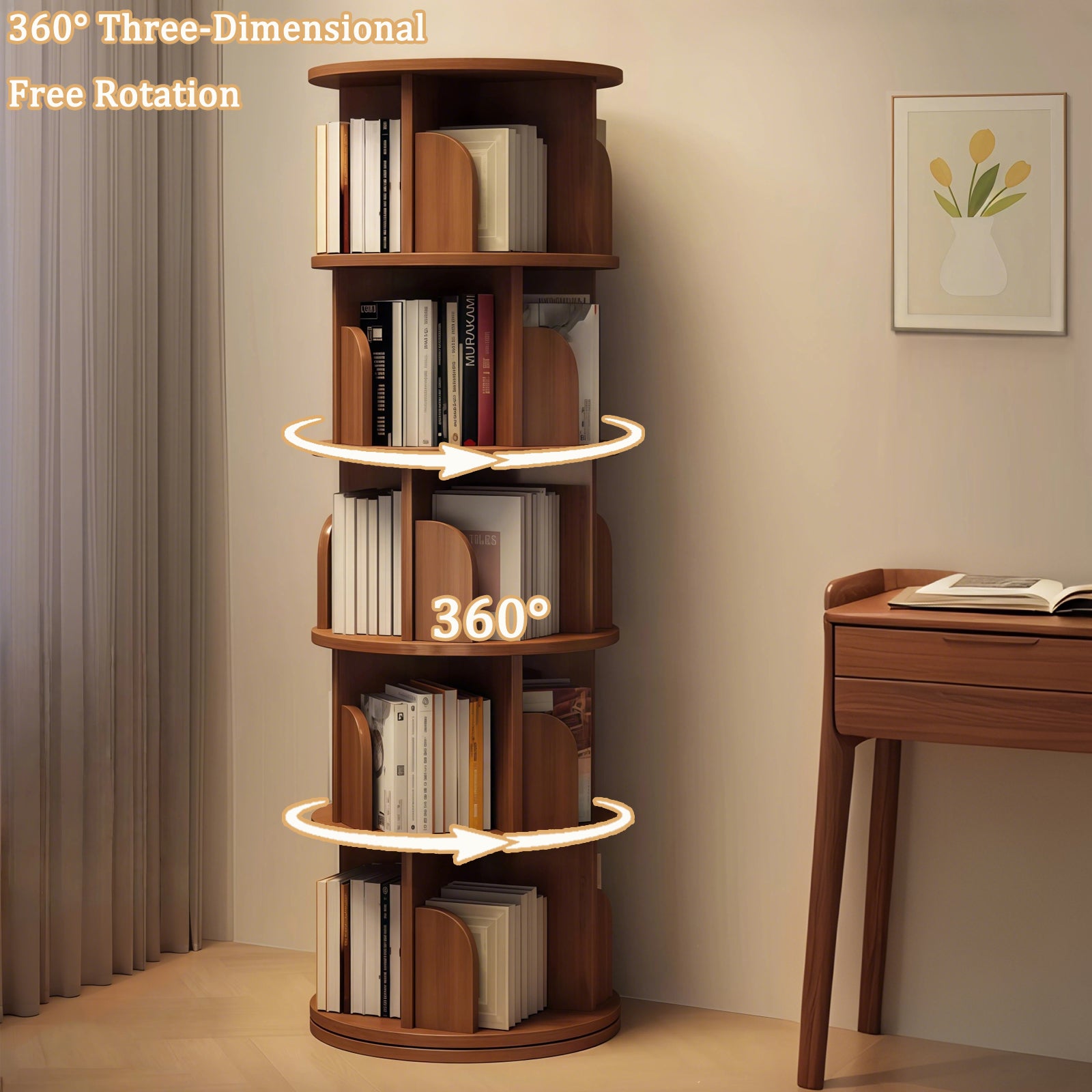 5 Tier Rotating Bookshelf, 360° Display Round Spinning Bookshelf, Space-Saving, Small Space Rotating Bookshelf Tower for Bedroom, Living Room, Home, Office, Walnut - Grand Goldman Shop