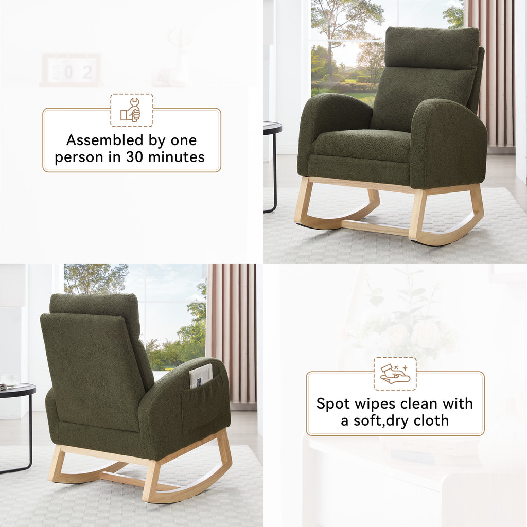 015B-Teddy Fabric Leisure Rocking Chair,Nursery Rocking Chair With Adjustable Footstool,Thickened Headrest And High Backrest, Storage Pocket On The Right Side,The Base Rocker Is Solid Wood,Green - Grand Goldman Shop