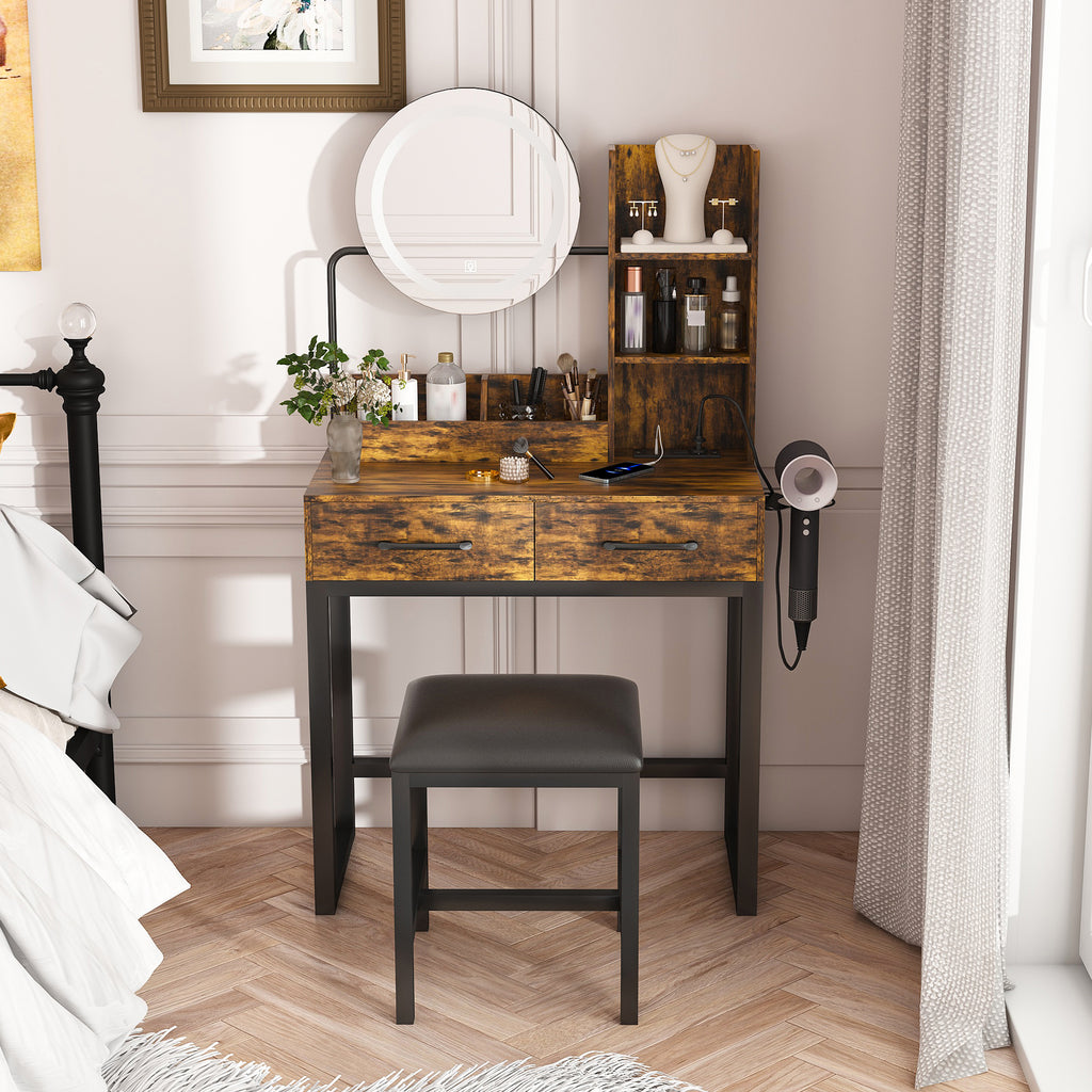 Makeup Vanity Table with LED Lights, 3 Color Options, Power Outlet, Brown MDF, 31.5 x 15.75 x 52.36 inches - Grand Goldman Shop