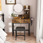 Makeup Vanity Table with LED Lights, 3 Color Options, Power Outlet, Brown MDF, 31.5 x 15.75 x 52.36 inches - Grand Goldman Shop