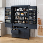 [Assembly&Show Video Available] TOPMAX Freestanding Large Kitchen Pantry Wooden Kitchen Storage Cabinet Cupboard with 8 Door Shelves,3 Adjustable Shelves,7 Drawers& 8 Wine Racks, Gray - Grand Goldman Shop
