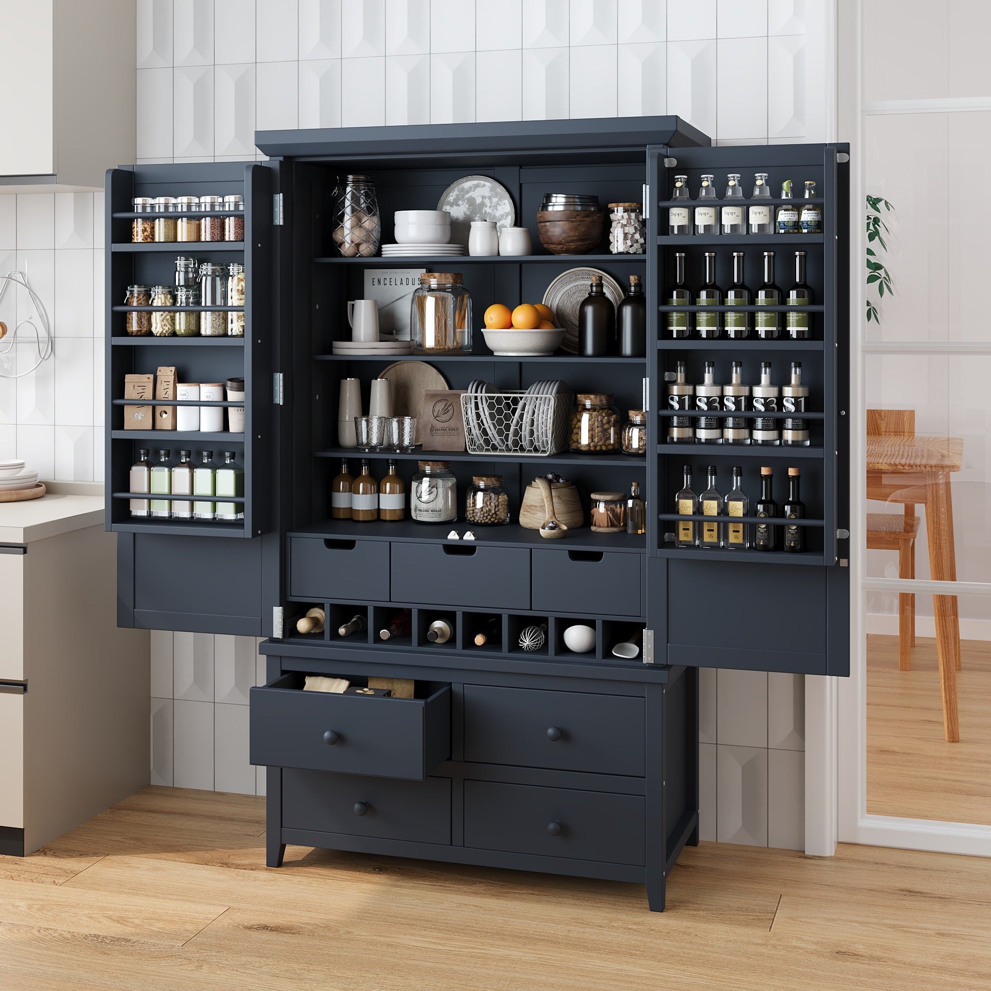 [Assembly&Show Video Available] TOPMAX Freestanding Large Kitchen Pantry Wooden Kitchen Storage Cabinet Cupboard with 8 Door Shelves,3 Adjustable Shelves,7 Drawers& 8 Wine Racks, Gray - Grand Goldman Shop