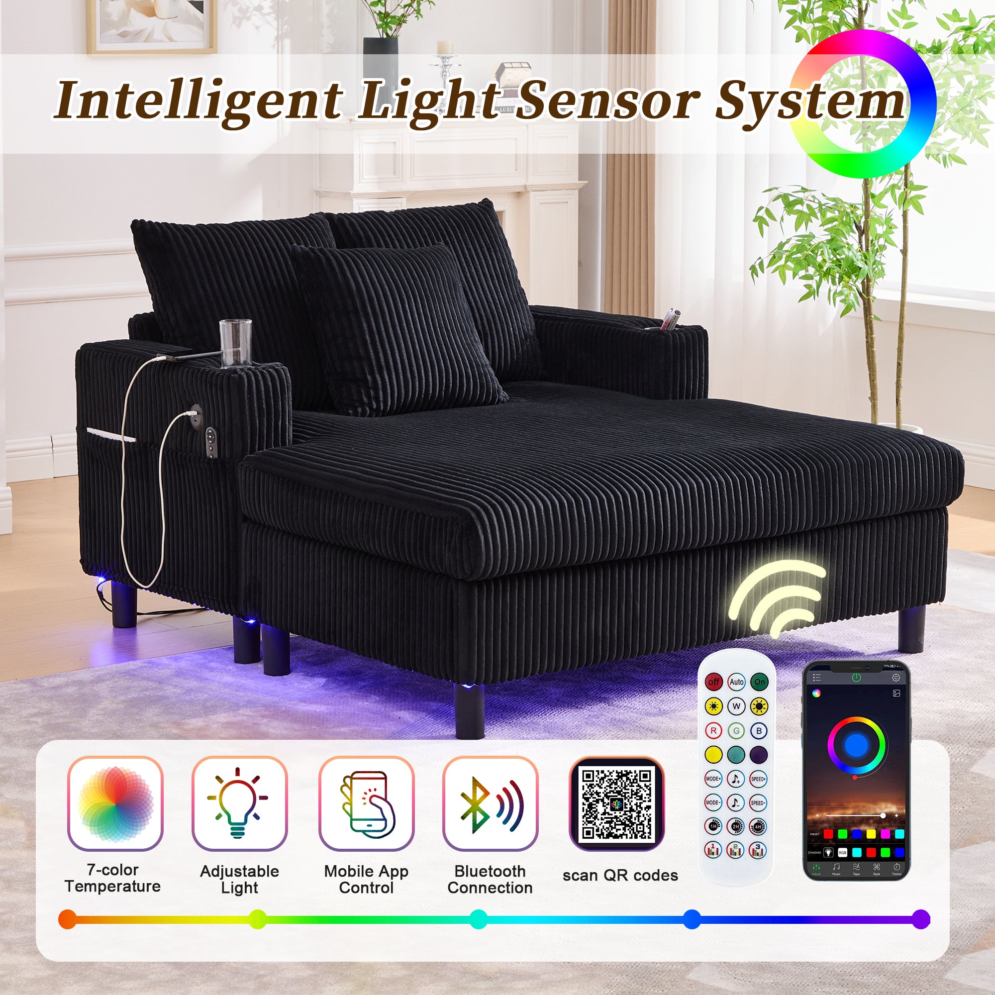 UNITED WE WIN Modern Corduroy Oversized Recliner Sofa with Deep Seat, 3 Pillows, USB Charging, RGB LED Light Strip, Cup Holder, Side Pocket - Suitable for Living Room and Bedroom - Grand Goldman Shop