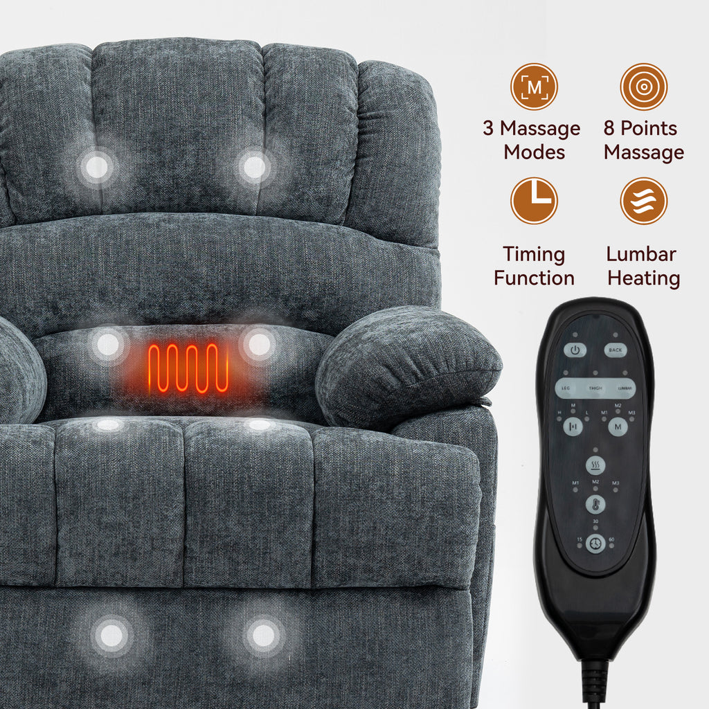 23' Seat Width and High Back Large Size Blue Grey Chenille Power Lift Recliner Chair with 8-Point Vibration Massage and Lumbar Heating - Grand Goldman Shop