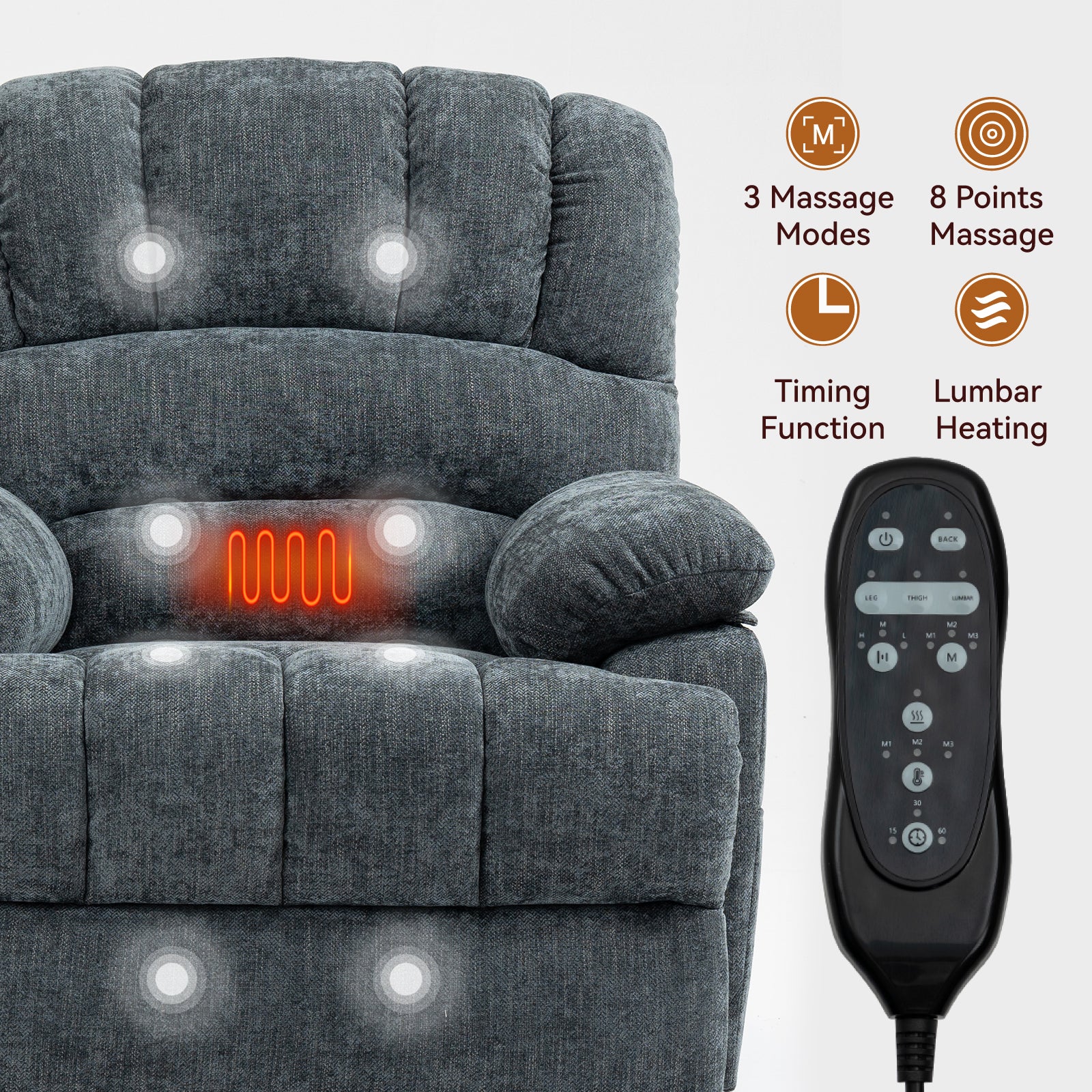 23' Seat Width and High Back Large Size Blue Grey Chenille Power Lift Recliner Chair with 8-Point Vibration Massage and Lumbar Heating - Grand Goldman Shop