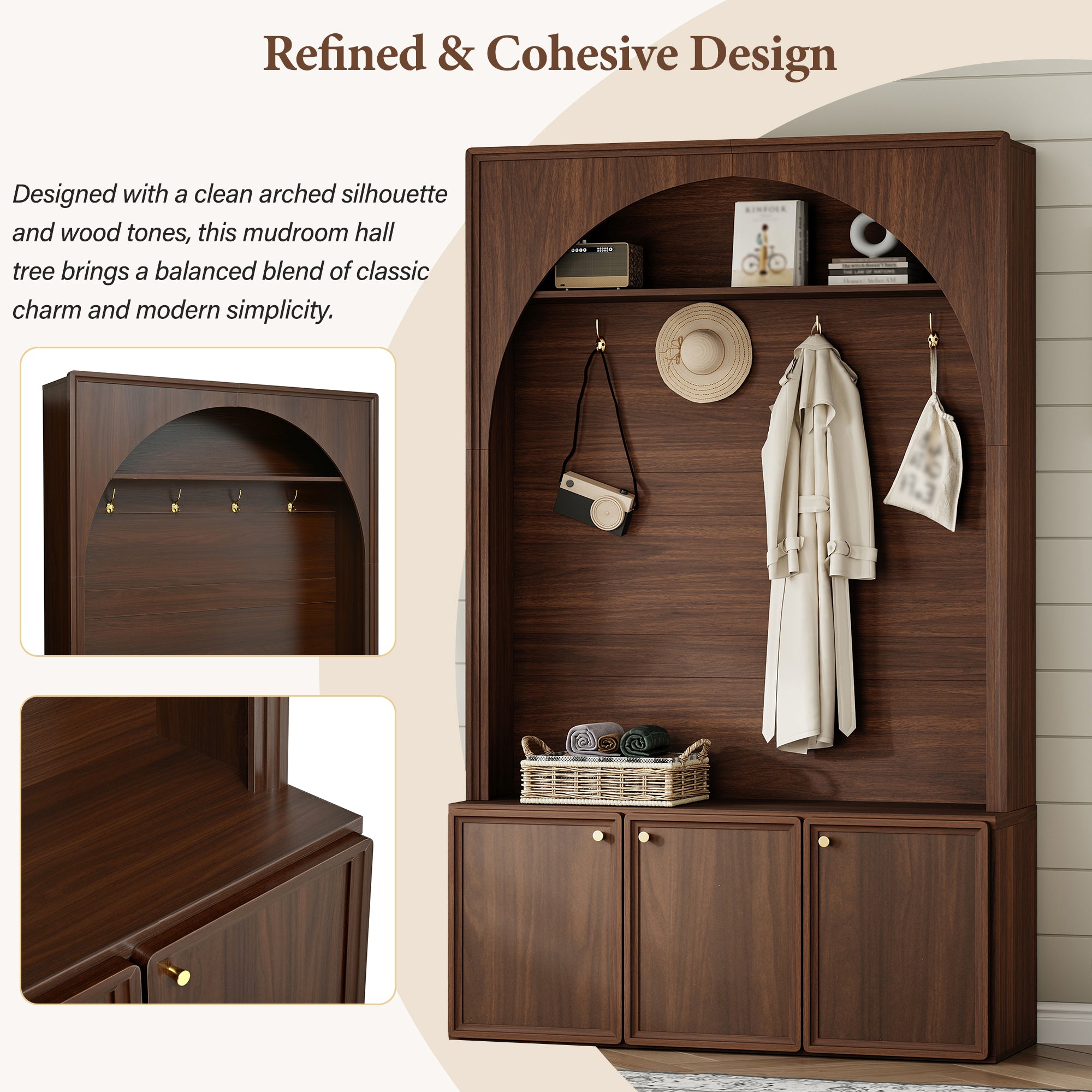 ON-TREND Farmhouse All-in-One Hall Tree with Adjustable Shelves, Retro Arched Entryway Storage Bench with 3 Cabinets, Wooden Coat Rack Organizer with 4 Golden Hooks for Mudroom, Hallway, Walnut - Grand Goldman Shop