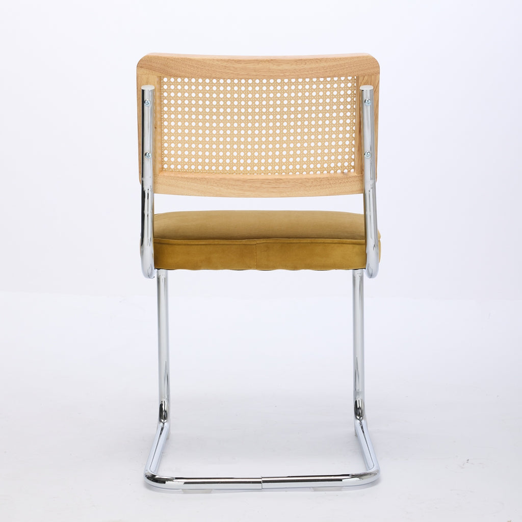 Mid Century Modern Dining Chairs Set of 2, Velvet Accent Chairs with Natural Cane Back & Stainless Chrome Base, Famous Breuer Designed Chairs, Upholstered Rattan Kitchen Chairs,Golden - Grand Goldman Shop