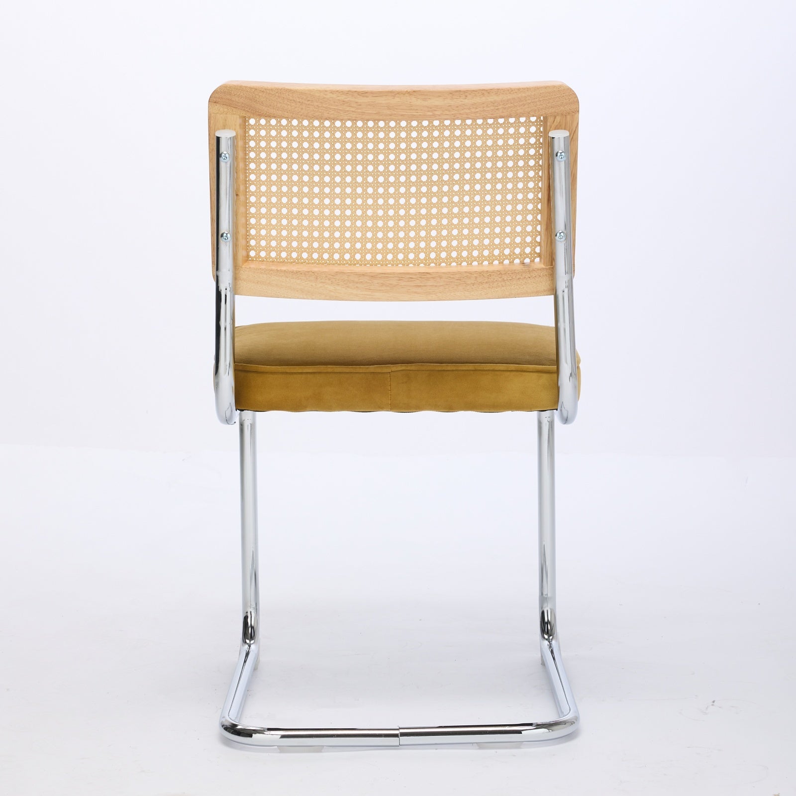 Mid Century Modern Dining Chairs Set of 2, Velvet Accent Chairs with Natural Cane Back & Stainless Chrome Base, Famous Breuer Designed Chairs, Upholstered Rattan Kitchen Chairs,Golden - Grand Goldman Shop