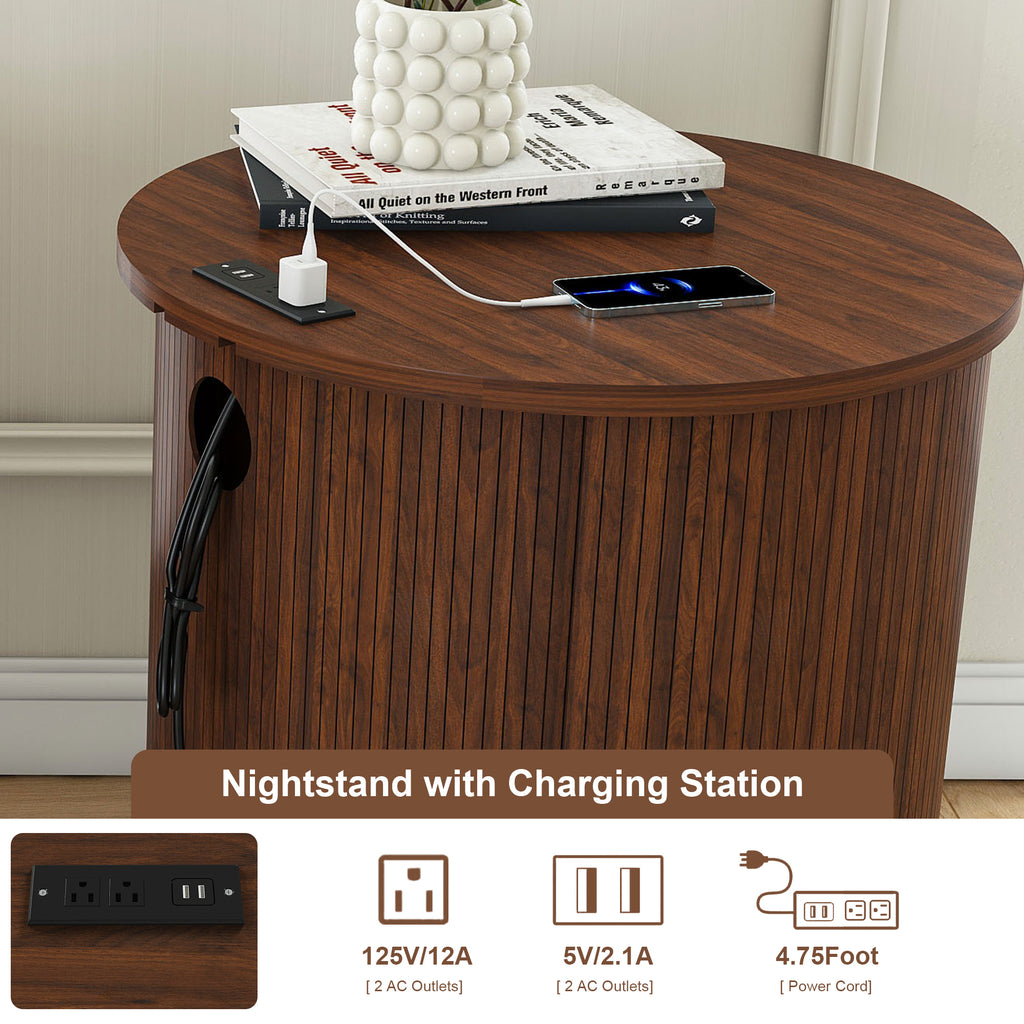 Mid Century Modern Cylinder End Table with Built-in Charging Station & Sliding Door, 2-Tier Storage Round Nightstand with USB Ports, Walnut Bedside Table for Living Room, Bedroom, Entryway - Grand Goldman Shop
