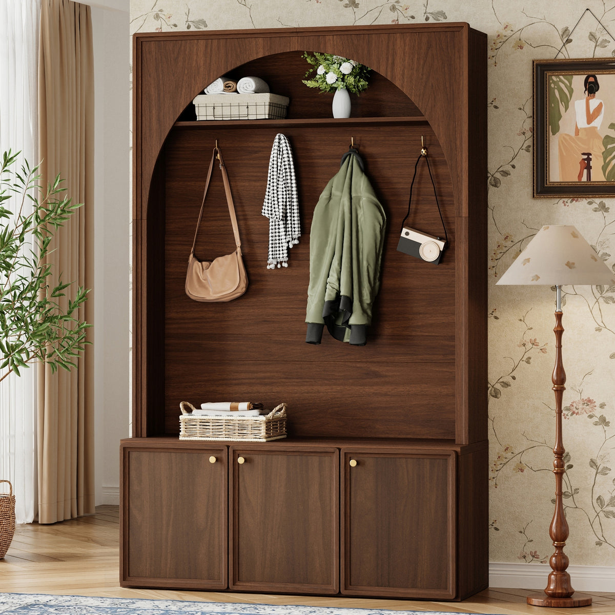 ON-TREND Farmhouse All-in-One Hall Tree with Adjustable Shelves, Retro Arched Entryway Storage Bench with 3 Cabinets, Wooden Coat Rack Organizer with 4 Golden Hooks for Mudroom, Hallway, Walnut - Grand Goldman Shop