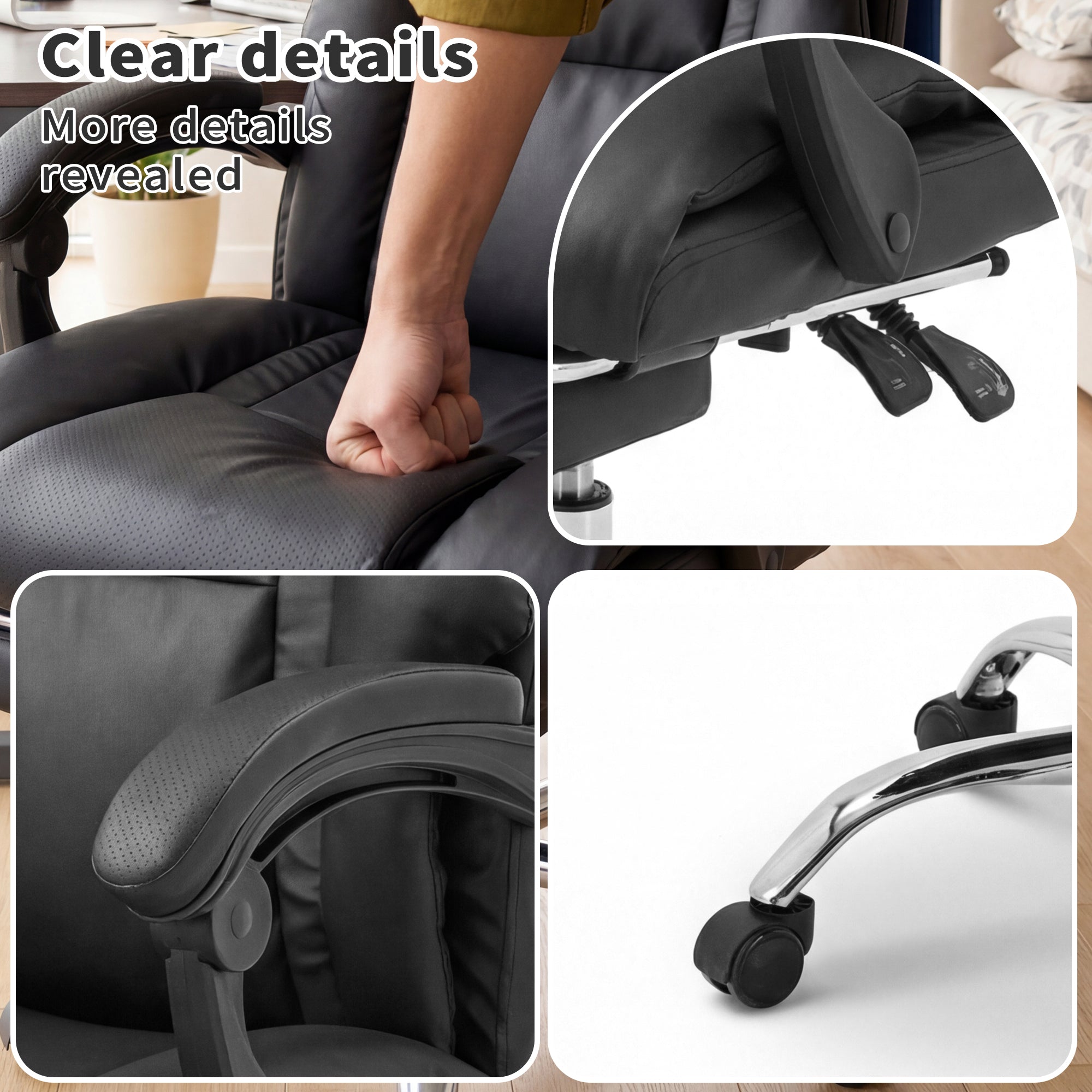 Executive Office Chair with Foot Rest, Adjustable Height High Back Reclining Gaming Chair in Black PU Leather with Metal & Wo
