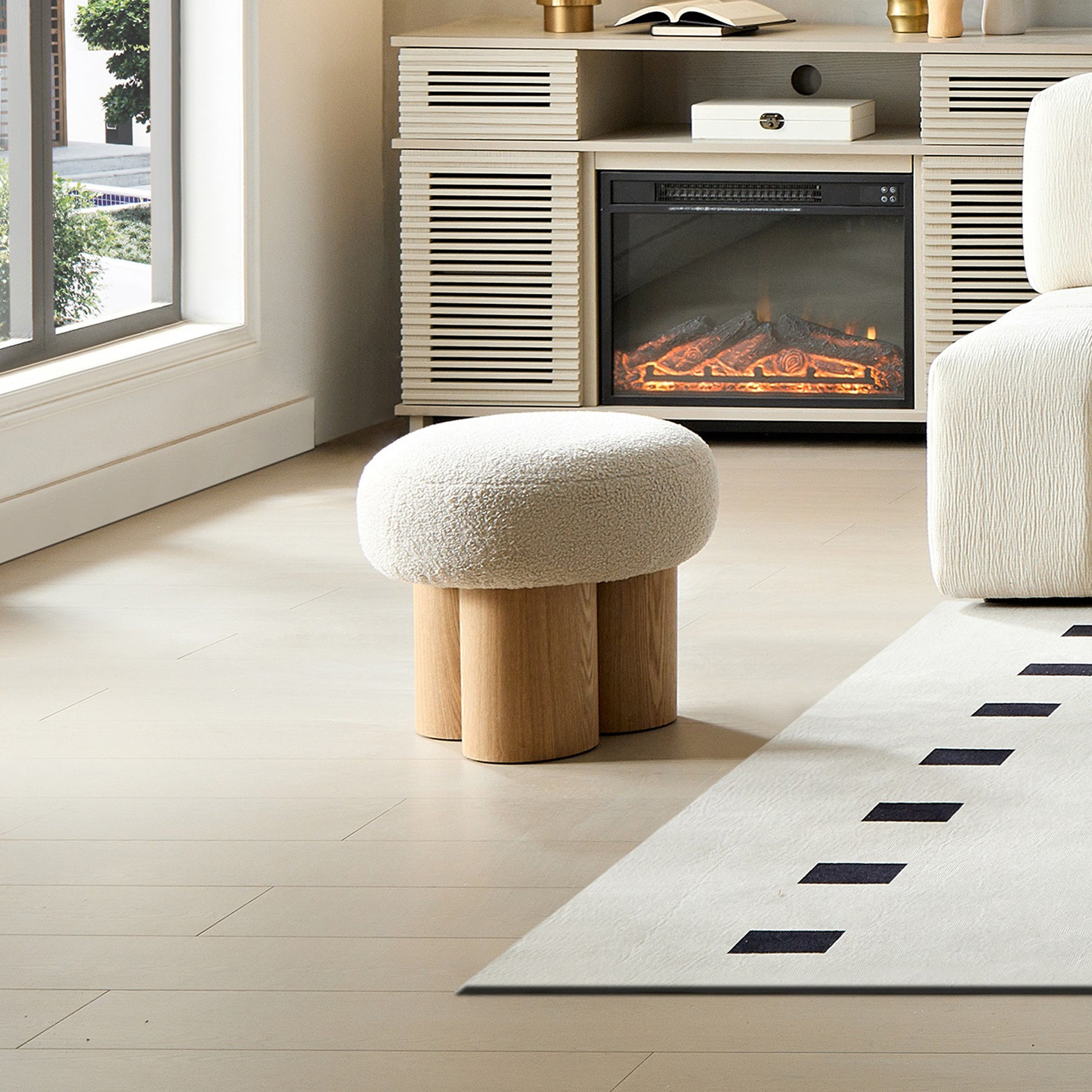 W8017-1 Mushroom Stool with Greige Plush Cushion, Wooden Barrel PVC Pipe, Walnut Finish - Grand Goldman Shop