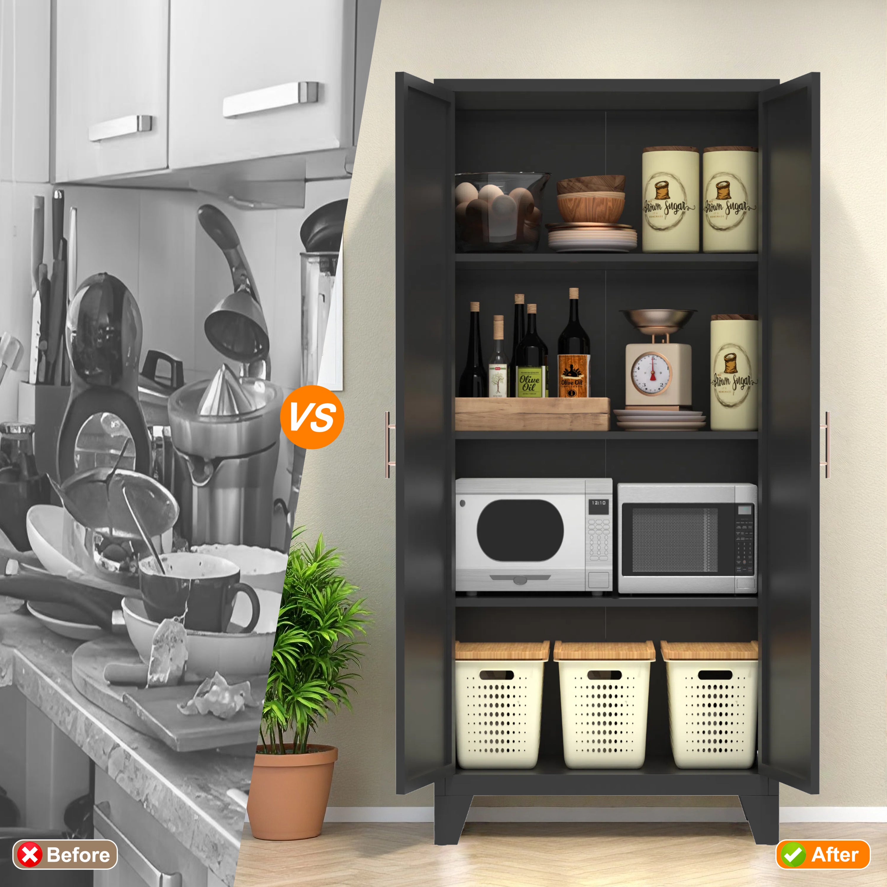61'' 2 Shapely Doors Cabinet, Metal Storage Cabinet with Doors and Adjustable Shelves, for Bedroom, Living Room(Black) - Grand Goldman Shop