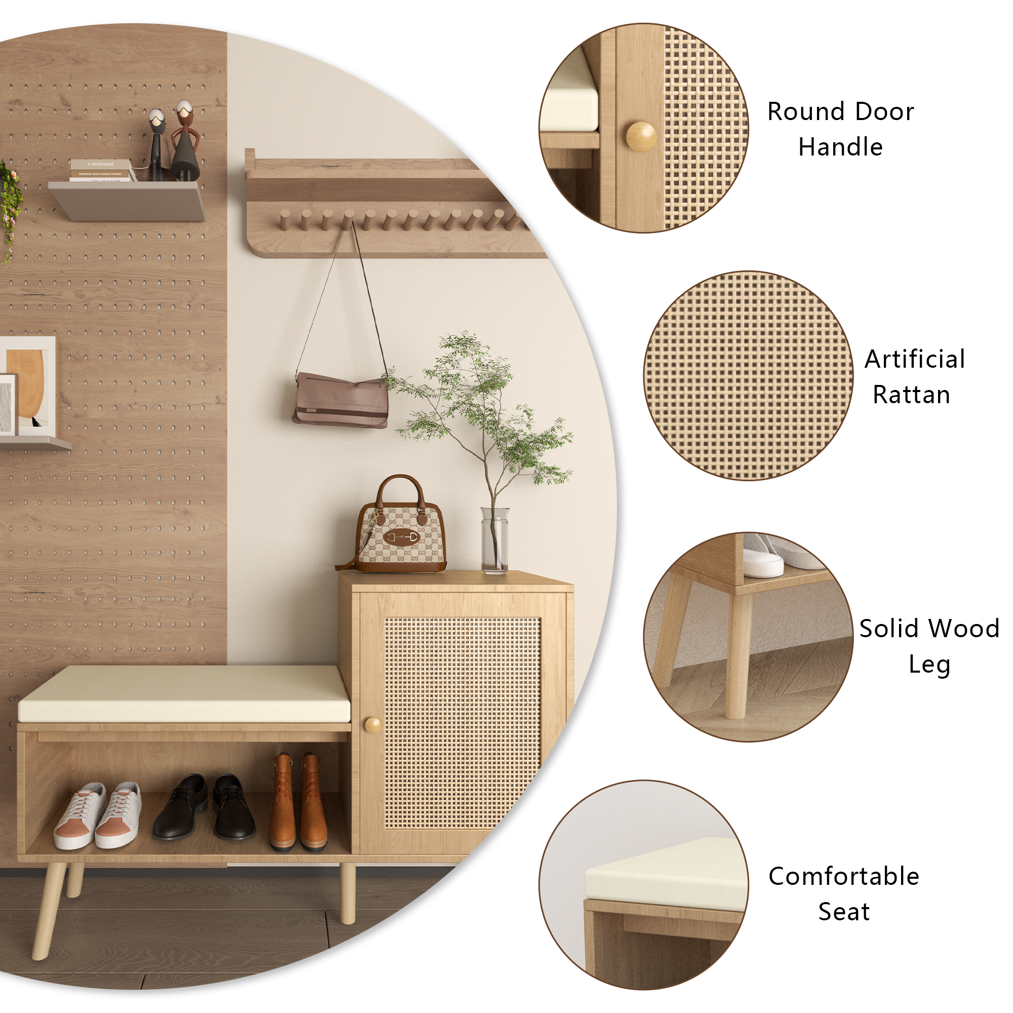 2-in-1 Shoe Storage Bench with Adjustable Shelves, Antique Natural Rattan Finish, PP Rattan and Wood Construction, Modern Entryway Organizer, 39.4 x 27.6 x 11.8 inches - Grand Goldman Shop