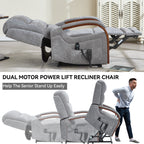 Power Grey Chenille Lift Recliner Chair Dual Motor Infinite Position Up to 350 LBS with Solid Wood Armrests, Heat Massage and Heavy Duty Motion Mechanism - Grand Goldman Shop
