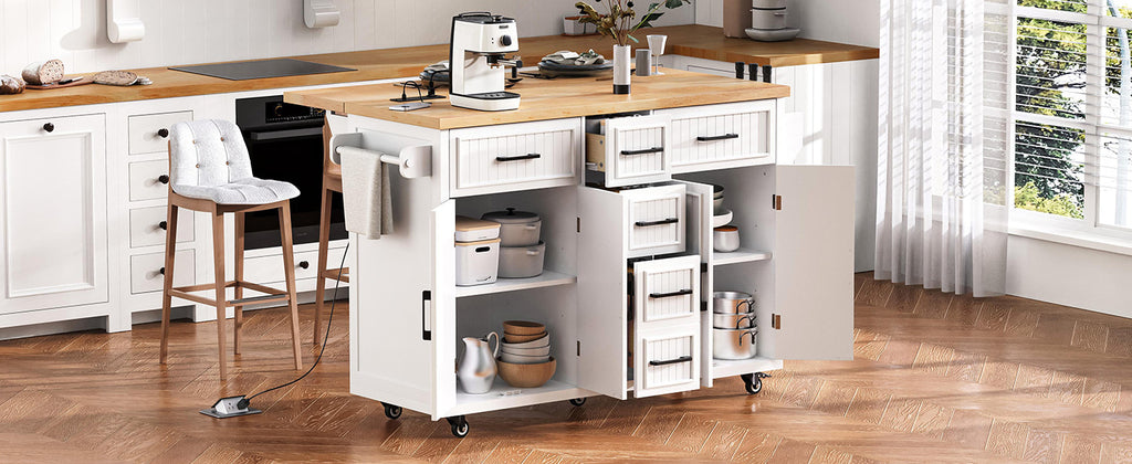 K&K 56.5'' Kitchen Island with Drop Leaf, Power Outlet, Embossed Vertical Stripe Rolling Kitchen Cart on Wheels with 4 Doors , 5 Deep Drawers and Adjustable Shelves, for Kitchen, Dining Room, White - Grand Goldman Shop