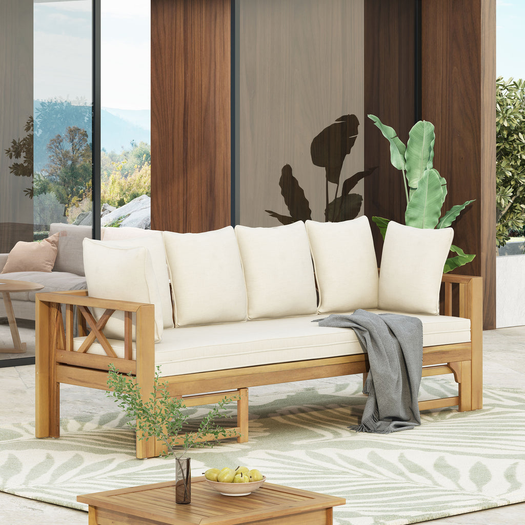 Outdoor Extendable Acacia Wood 3 Seater Sofa, Upholstered Cushion Couch, Daybed Sofa Chair, Spacious Seating Lounge Chair, Patio Daybed Sofa for Garden Yard - Grand Goldman Shop
