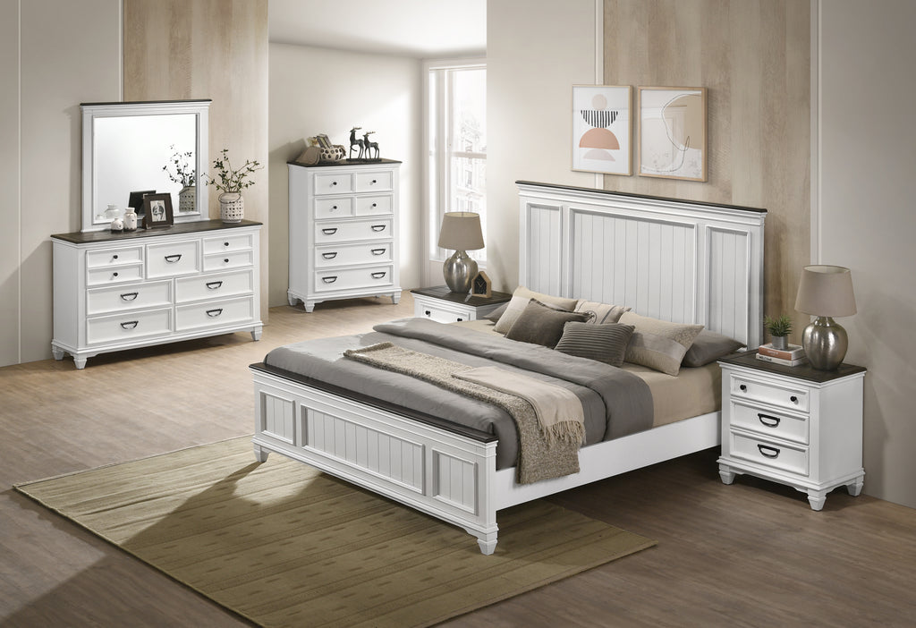 Clelane Wood Bedroom 6 piece Set with Shiplap Panel Queen Bed, Dresser, Mirror, Two Nightstands, and Chest - Grand Goldman Shop