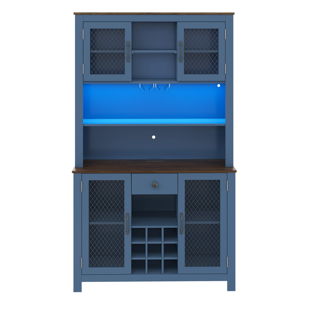 70.9' Kitchen Pantry Storage Cabinet Rustic Buffet Cabinet, Kitchen Hutch Cabinet with LED Outlets Food Pantry Cabinet with Doors and Shelves Wine Rack for Dining Room, Navy Blue - Grand Goldman Shop