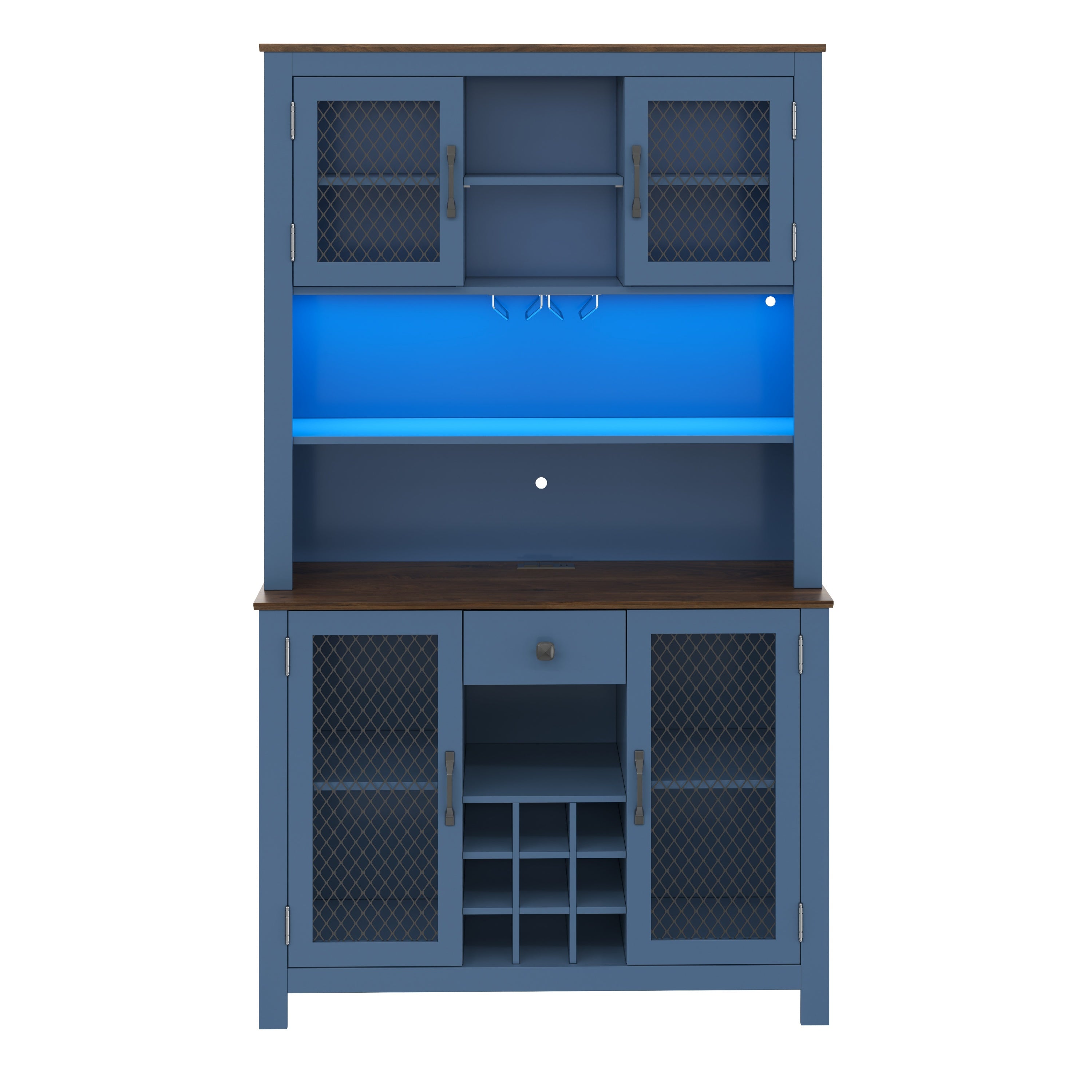 70.9' Kitchen Pantry Storage Cabinet Rustic Buffet Cabinet, Kitchen Hutch Cabinet with LED Outlets Food Pantry Cabinet with Doors and Shelves Wine Rack for Dining Room, Navy Blue - Grand Goldman Shop
