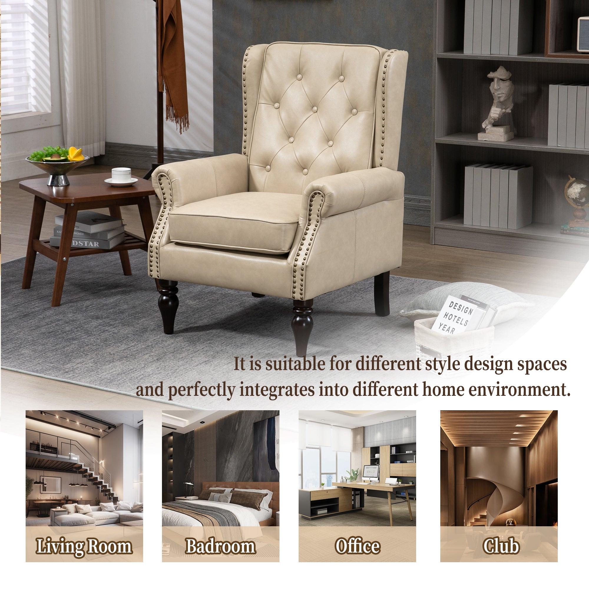 Modern Accent Chair Lounge Chair with Sturdy Wood Legs in Camel PU Leather for Living Room and Bedroom - Grand Goldman Shop