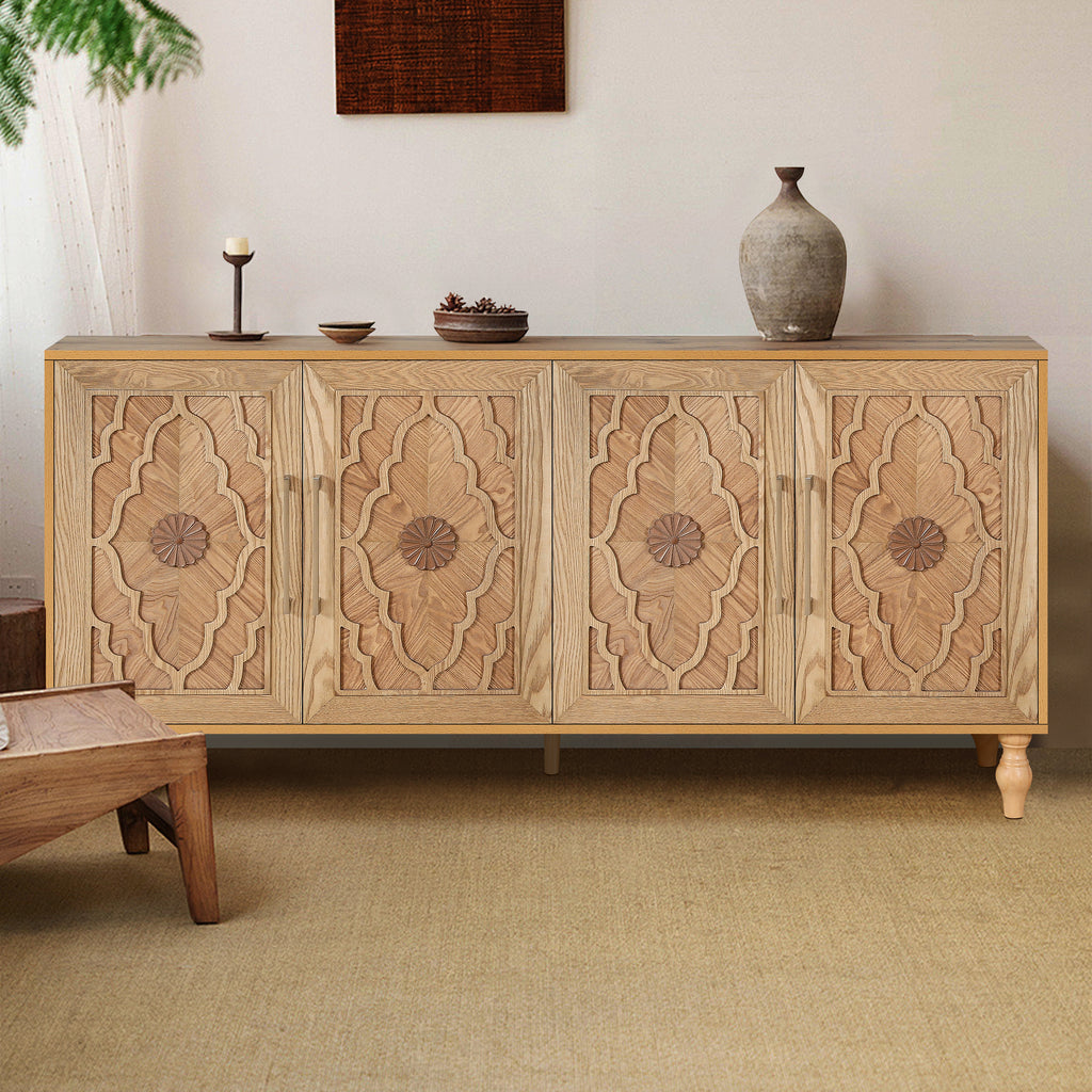 Carved Flower Door Large Storage Cabinet With Metal Handle Suitable For Living Room, Kitchen, Entryway(NATURAL WOOD) - Grand Goldman Shop