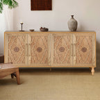 Carved Flower Door Large Storage Cabinet With Metal Handle Suitable For Living Room, Kitchen, Entryway(NATURAL WOOD) - Grand Goldman Shop