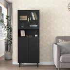 Tempered Glass Door Tall Storage Bookcase with adjustable board, 4 doors MDF painting finished cabinet, Black, Living room Bedroom storage - Grand Goldman Shop