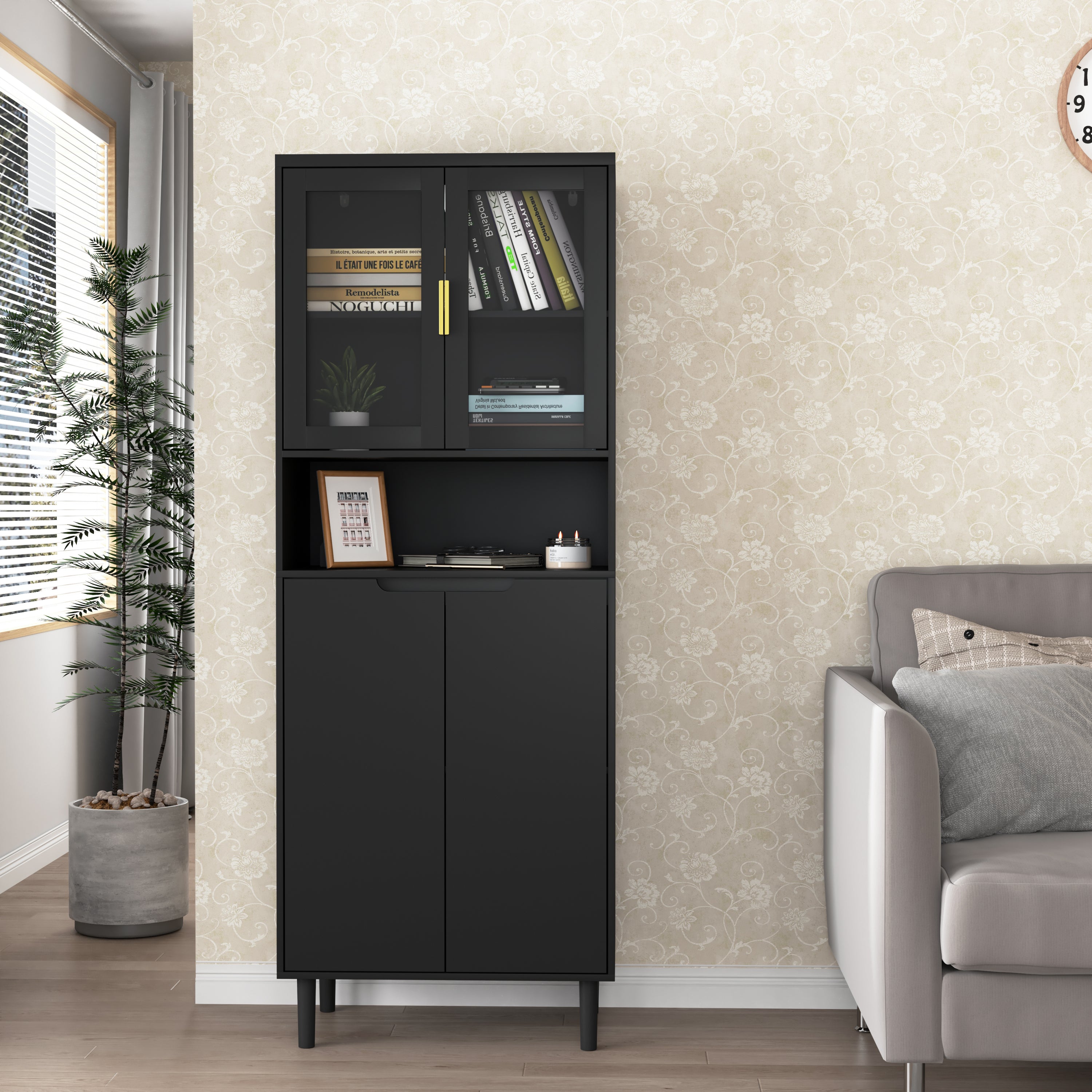 Tempered Glass Door Tall Storage Bookcase with adjustable board, 4 doors MDF painting finished cabinet, Black, Living room Bedroom storage - Grand Goldman Shop