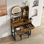 Makeup Vanity Table with LED Lights, 3 Color Options, Power Outlet, Brown MDF, 31.5 x 15.75 x 52.36 inches - Grand Goldman Shop
