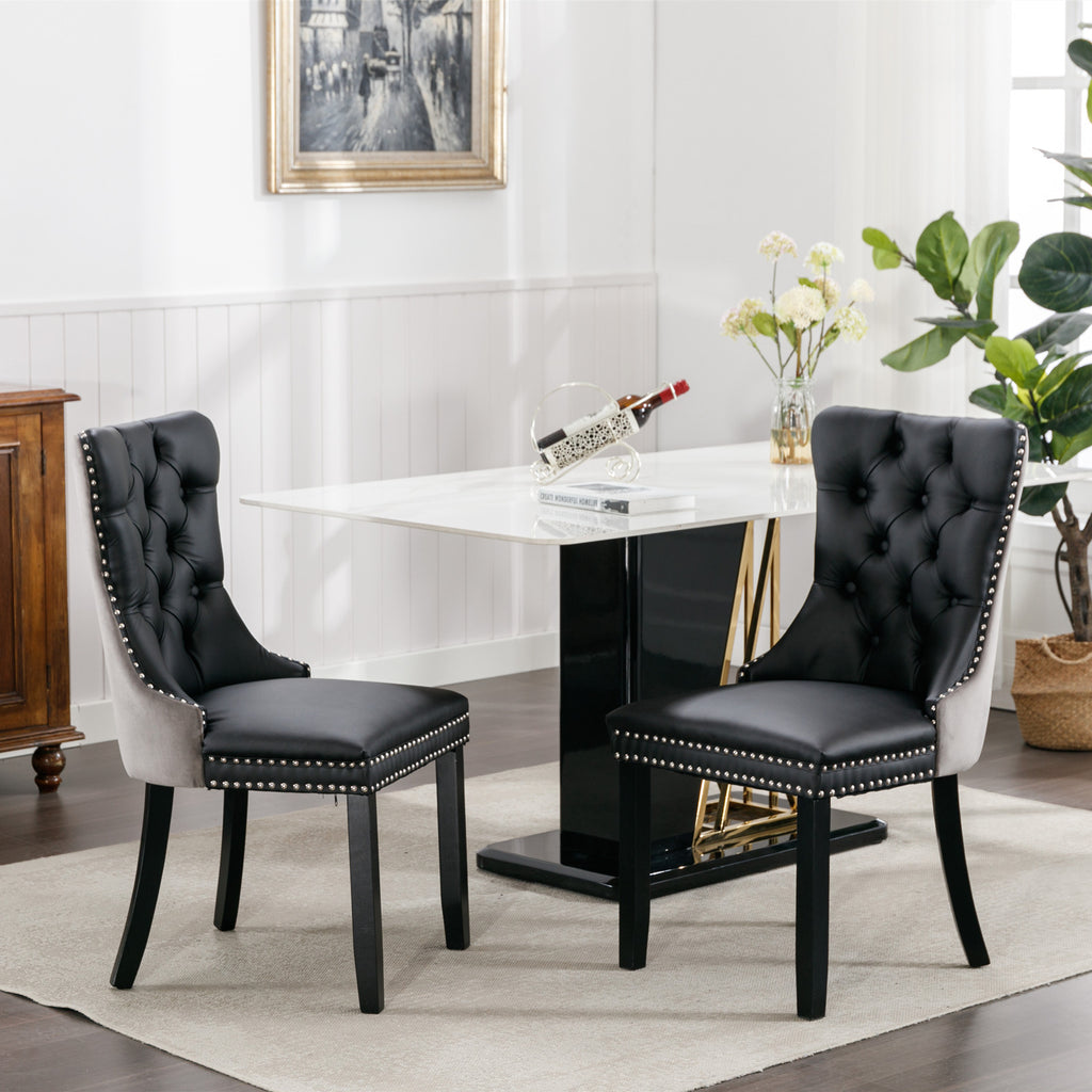 A&A Furniture,Nikki Collection Modern, High-end Tufted Solid Wood Contemporary PU and Velvet Upholstered Dining Chair with Wood Legs Nailhead Trim  2-Pcs Set，Black+Gray, SW2101BG - Grand Goldman Shop